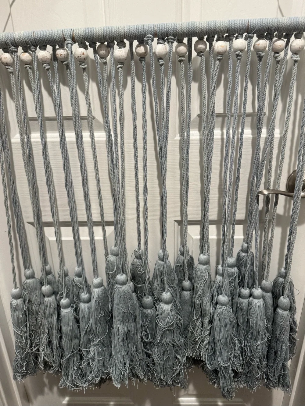 Coastal Blue Macrame White Bead Tassel Wall Hanging
